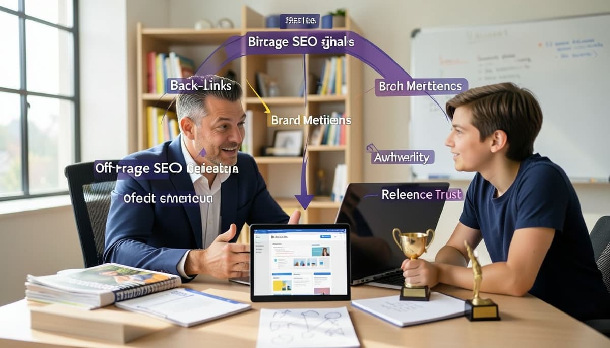 Hình minh họa so sánh backlink, lượt đề cập thương hiệu, độ uy tín, mức độ liên quan và độ tin cậy như những tín hiệu SEO off-page khác biệt nhưng chồng lấn xung quanh một website doanh nghiệp ở trung tâm