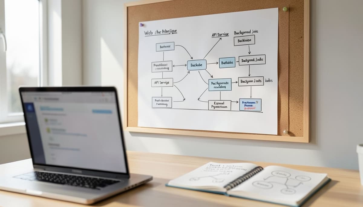 Sơ đồ kiến trúc kỹ thuật kết nối giao diện web, dịch vụ API, cơ sở dữ liệu và nhà cung cấp dịch vụ thanh toán bên ngoài