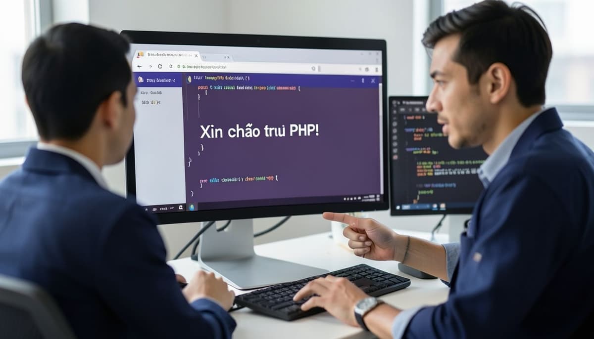 screenshot trình duyệt hiển thị kết quả "Xin chào từ PHP!" từ file index.php