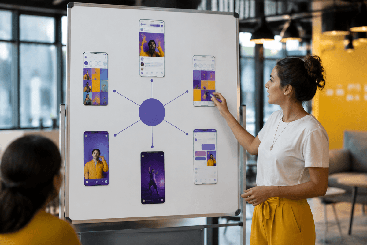Một bản đồ trực quan với một hệ thống quảng cáo Meta trung tâm kết nối với Facebook Feed, Instagram Feed, Stories, Reels và Messenger, với các nhãn cho thấy yêu cầu sáng tạo feed vuông và sáng tạo toàn màn hình dọc