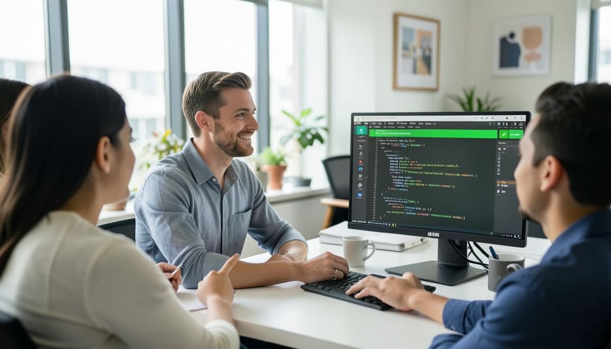 Một lập trình viên phản hồi các bình luận review code bên cạnh bảng trạng thái test tự động màu xanh.