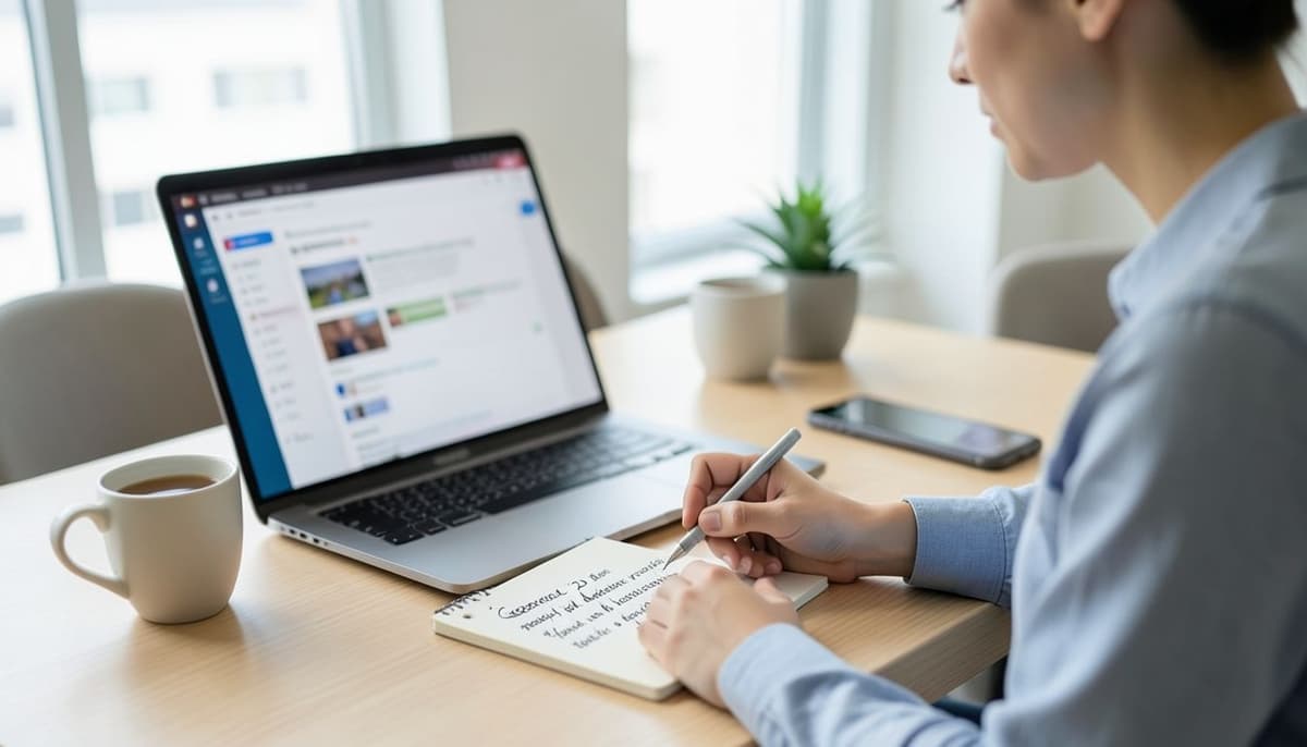 Một bàn làm việc gọn gàng với một chiếc laptop hiển thị bảng điều khiển mục tiêu chiến dịch YouTube bên cạnh một mục tiêu marketing được viết ra