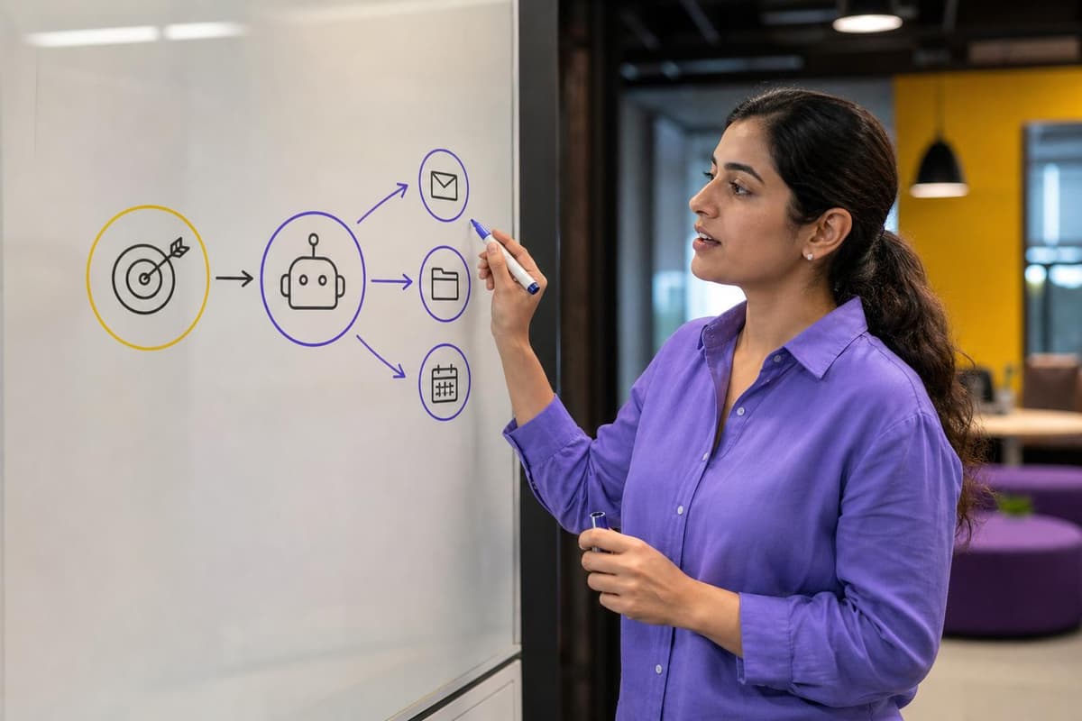 Một sơ đồ luồng đơn giản cho thấy một AI agent kết nối một biểu tượng mục tiêu với ba biểu tượng công cụ kinh doanh