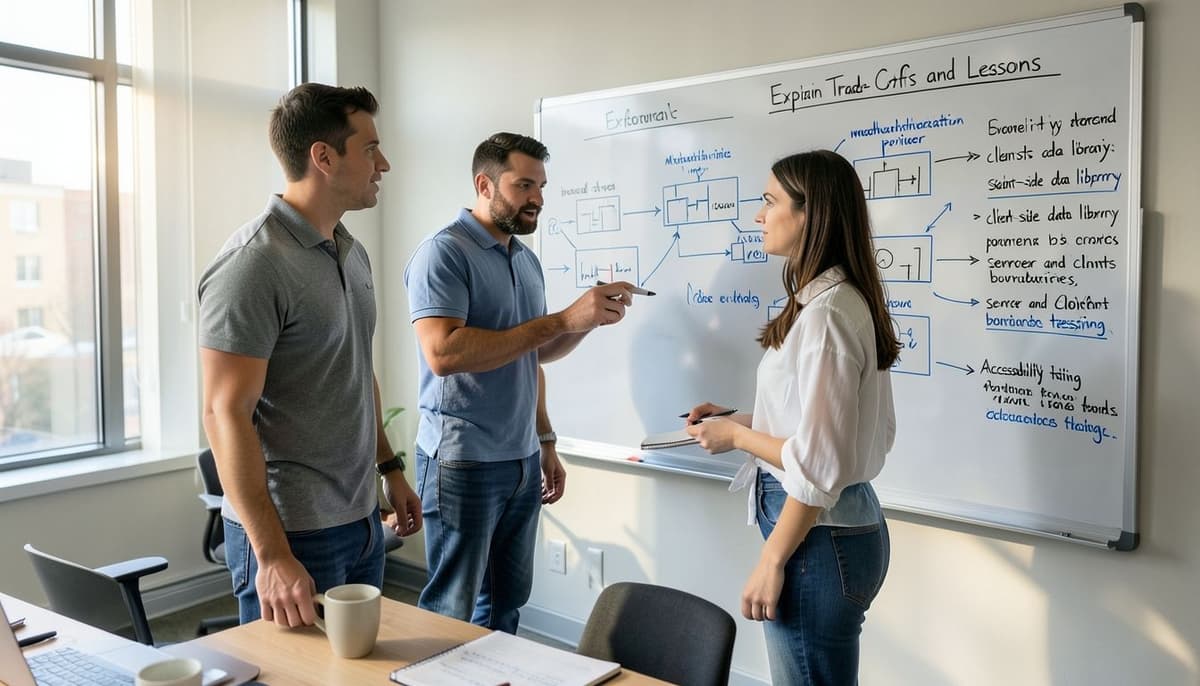 Một nhóm gồm ba kỹ sư đang thảo luận trước bảng trắng có các phương án kiến trúc và mũi tên triển khai