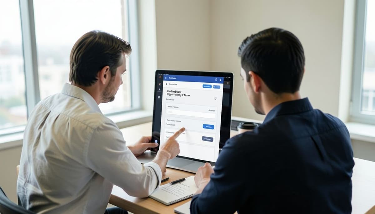 Hai người đang xem xét một prototype thanh toán không có nhãn bên cạnh một chiếc laptop.