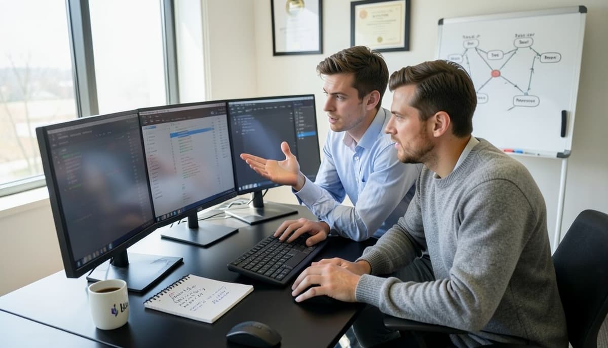 Hai developer xem xét kết quả kiểm thử tự động và dashboard triển khai trên hai màn hình đặt cạnh nhau