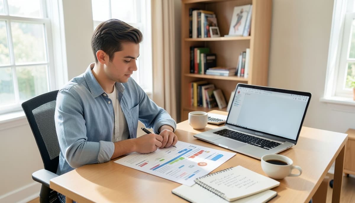 Một học viên duy nhất đánh dấu các mốc kỹ năng đã hoàn thành trên một kế hoạch phát triển bằng giấy, bên cạnh một chiếc máy tính xách tay