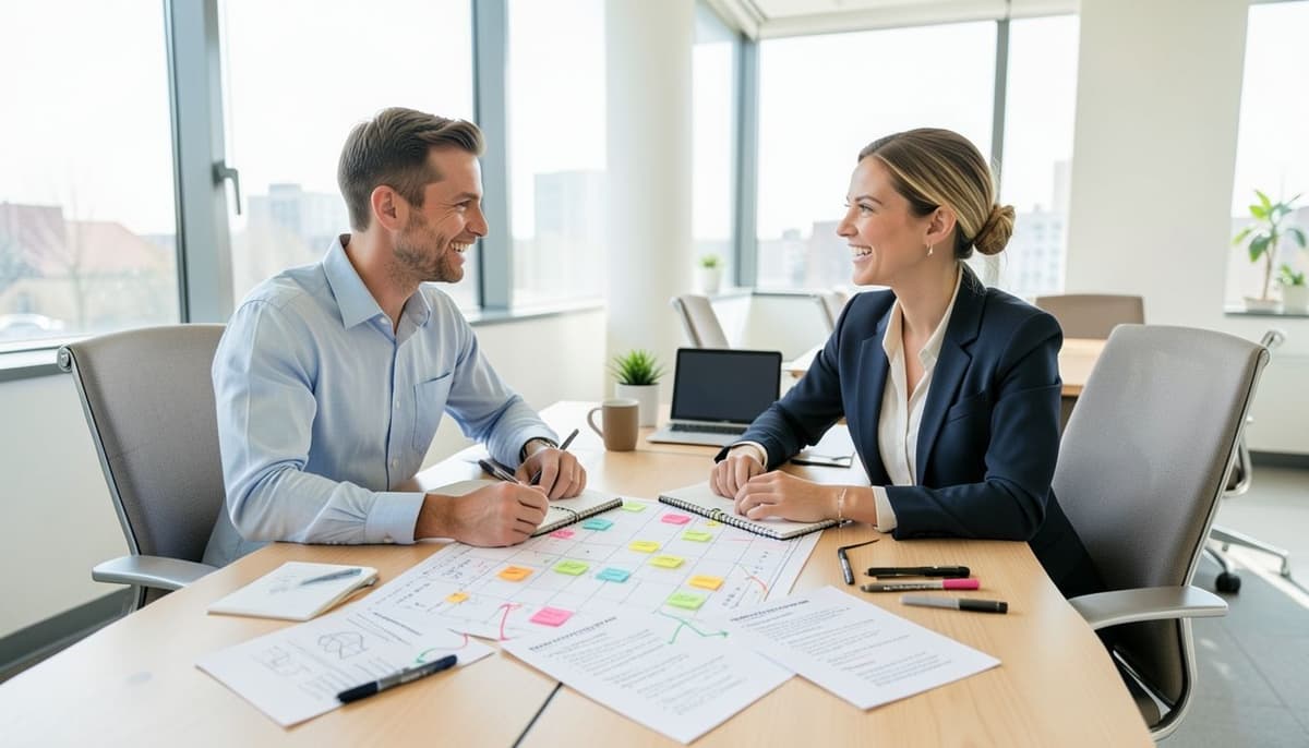 Hai chuyên viên marketing đang xem lịch nội dung và vẽ các liên kết nội bộ giữa những bản tóm tắt bài viết được in trên bàn họp.