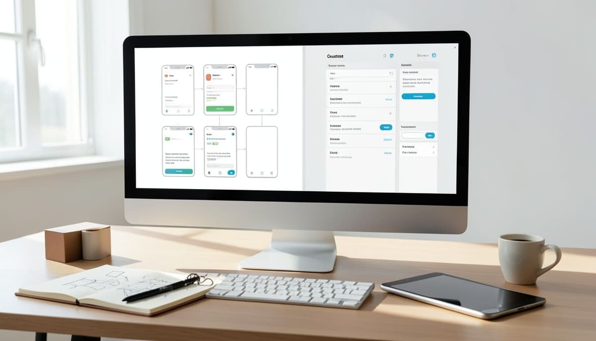 Hai nhà thiết kế đang so sánh các wireframe độ trung thực thấp và trung bình không có nhãn trên một màn hình lớn.