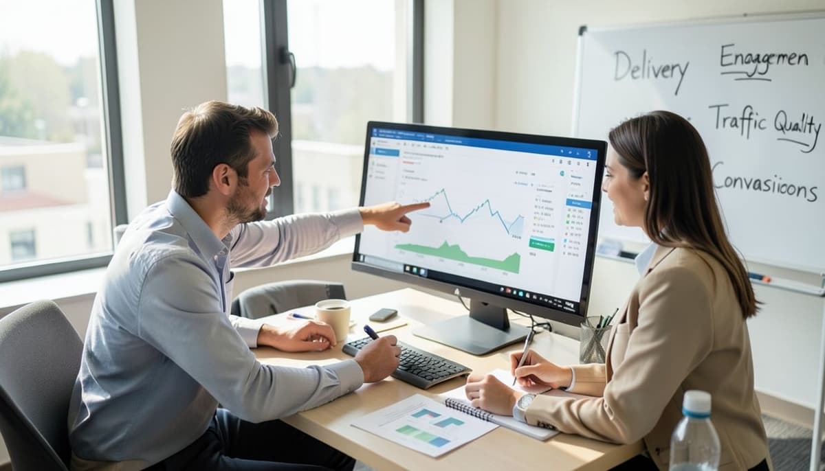 Hai nhà tiếp thị so sánh biểu đồ chiến dịch và dữ liệu chuyển đổi trên một màn hình lớn trong một buổi đánh giá hiệu suất