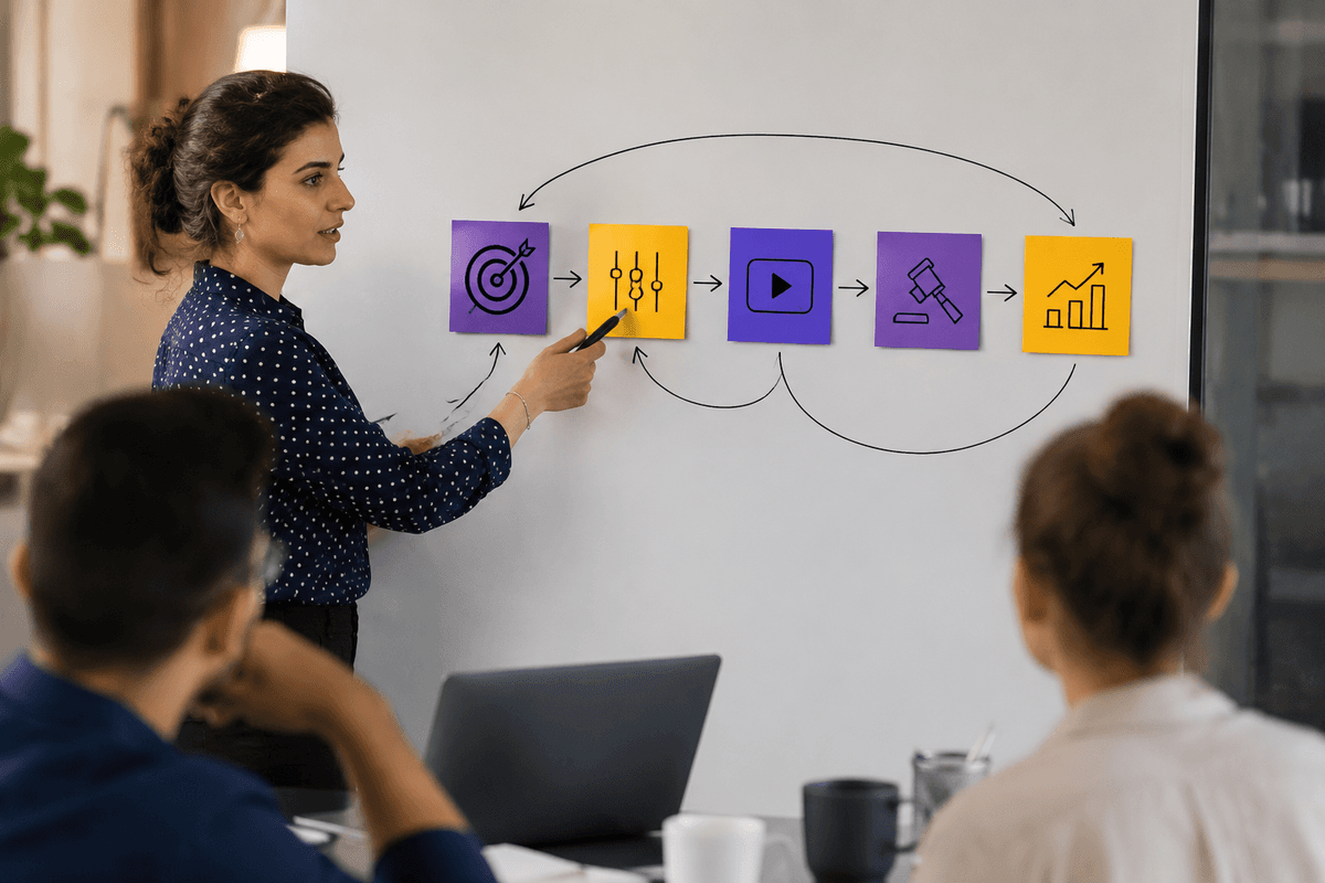Sơ đồ thể hiện mối quan hệ giữa mục tiêu kinh doanh, mục tiêu chiến dịch Google Ads, YouTube inventory, tín hiệu đấu thầu và kết quả kinh doanh được đo lường