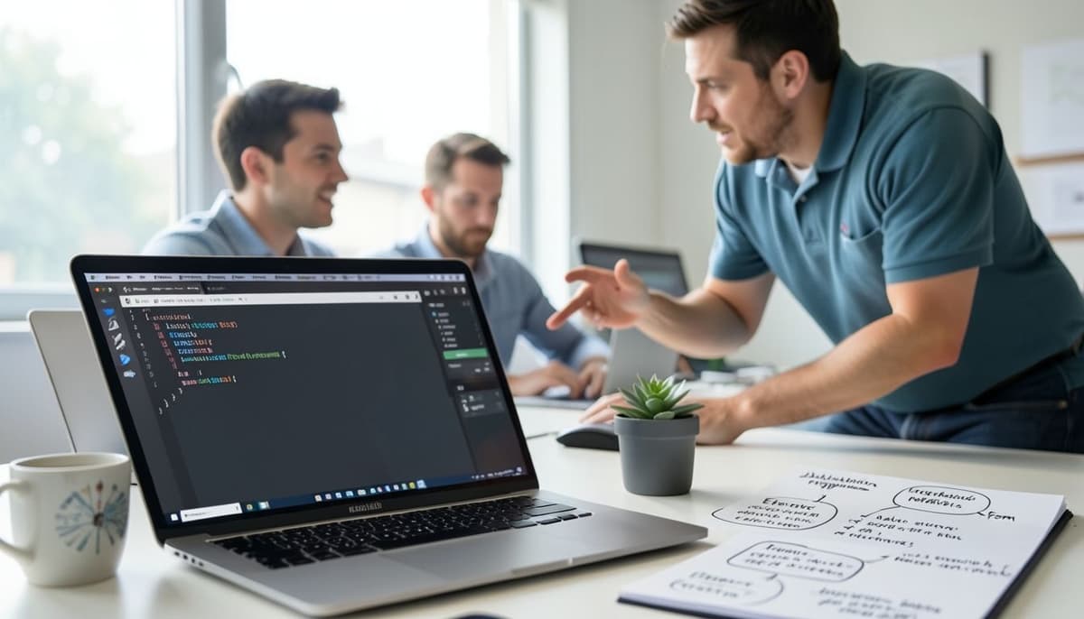 Một trình soạn thảo code, cửa sổ terminal và bốn node commit được tách biệt gọn gàng nằm trên bàn làm việc của lập trình viên.