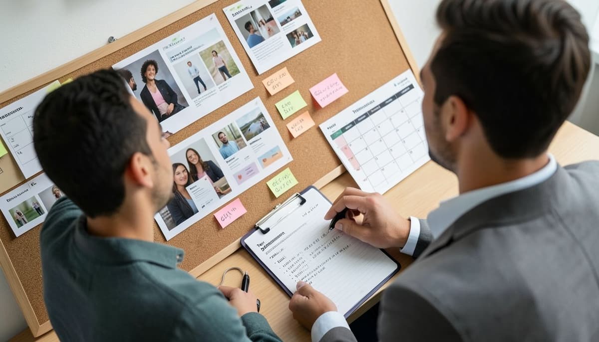 Một nhóm marketing nhỏ đang xem bảng kết quả chiến dịch với các mẫu nội dung sáng tạo, ghi chú về chuyển đổi và lịch thử nghiệm