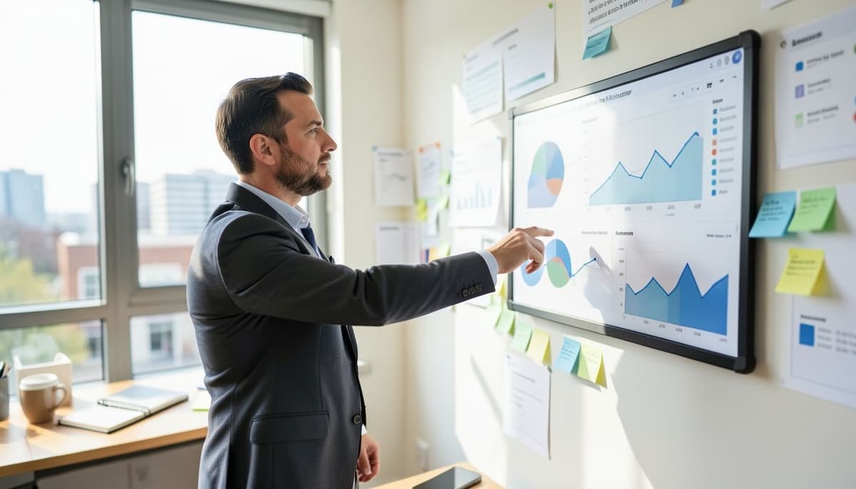Hai chuyên viên marketing đang so sánh các phân khúc đối tượng và biểu đồ phân phối quảng cáo trên một bảng điều khiển chiến dịch gắn trên tường