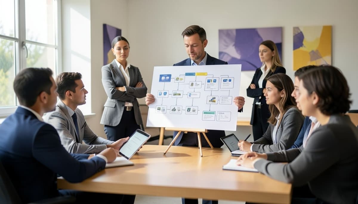 Sơ đồ quy trình làm việc cho thấy một yêu cầu về tài sản di chuyển qua việc xác định ý định, tra cứu danh sách đã được phê duyệt, thu thập yêu cầu, đề xuất phản hồi hoặc xem, và leo thang đến một con người cho các câu hỏi không chắc chắn hoặc có tác động lớn.