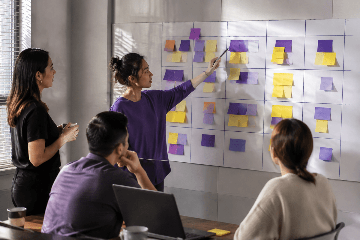 A creative testing matrix with rows for audience problems and columns for hooks, proof types, formats, and calls to action, linked to metrics for attention, consideration, and conversion
