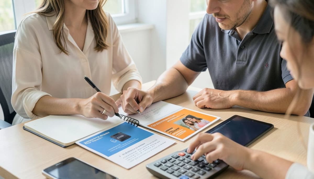 Một bàn làm việc gọn gàng với hai mẫu quảng cáo tương phản, một cuốn sổ và một chiếc máy tính được sắp xếp để lập kế hoạch chiến dịch