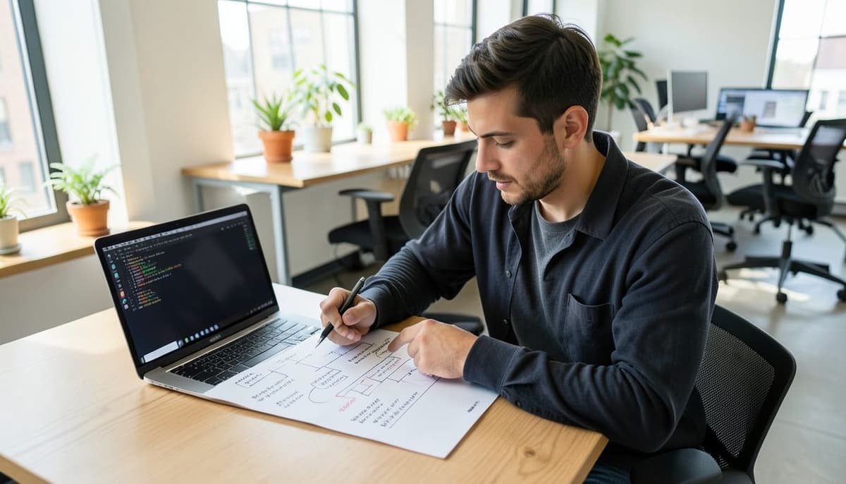 Một nhóm nhỏ đang kiểm tra quy trình làm việc của API, với thông tin chi tiết về request và log máy chủ hiển thị trên các màn hình riêng biệt
