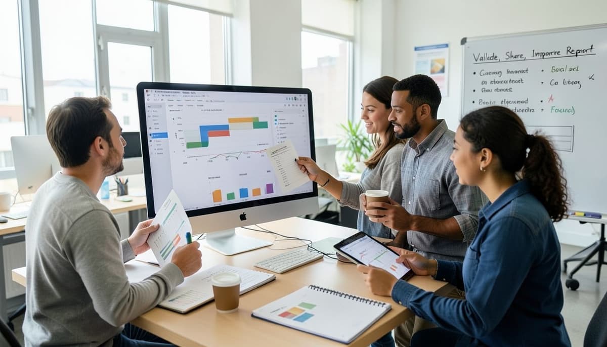 Một đội ngũ marketing nhỏ đang xem xét trang tổng quan trên màn hình lớn và kiểm tra hiệu suất chiến dịch