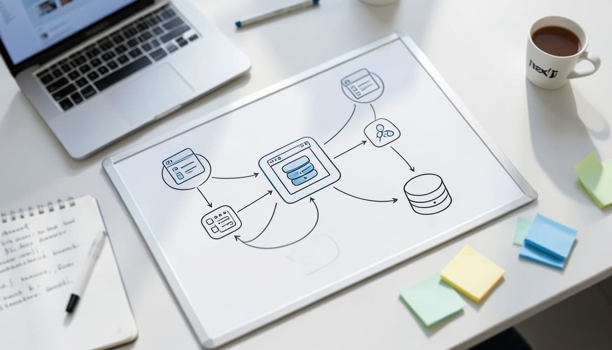 Một sơ đồ kiến trúc rõ ràng thể hiện các lớp trình duyệt, ứng dụng Next.js, dịch vụ API và cơ sở dữ liệu