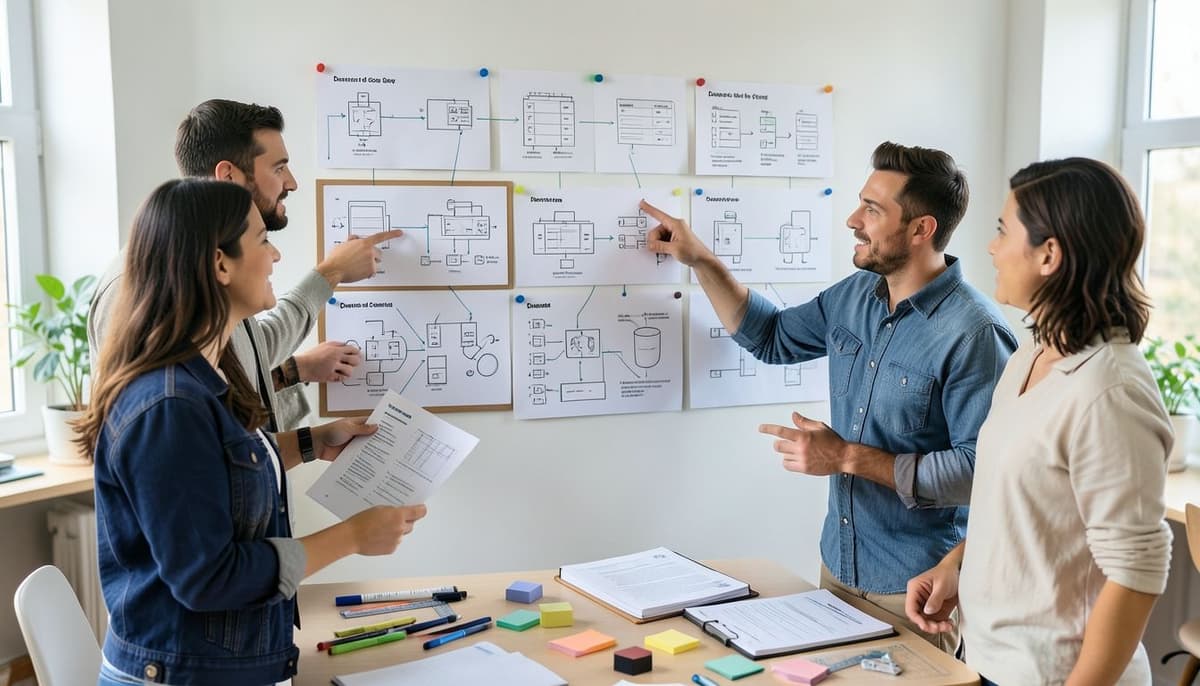 Một nhóm sản phẩm nhỏ tập trung quanh bức tường dán các wireframe không có nhãn được kết nối với nhau cùng các mẫu component.