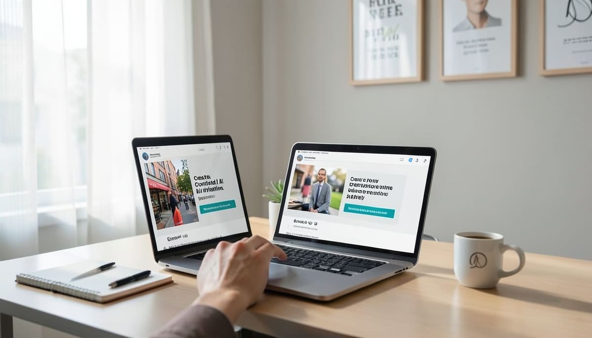 Một marketer đang xem xét hai biến thể quảng cáo mạng xã hội được hoàn thiện chỉn chu trên máy tính xách tay trong một studio sáng sủa