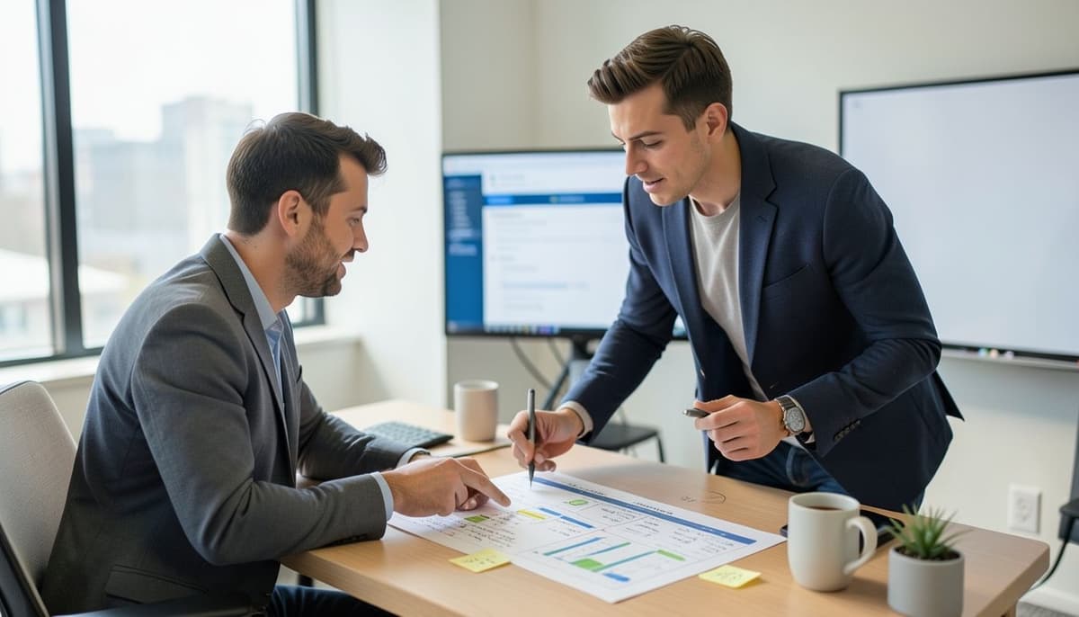 Hai lập trình viên xem xét báo cáo kiểm thử bên cạnh một trình duyệt đang hiển thị quy trình checkout với các trạng thái validation