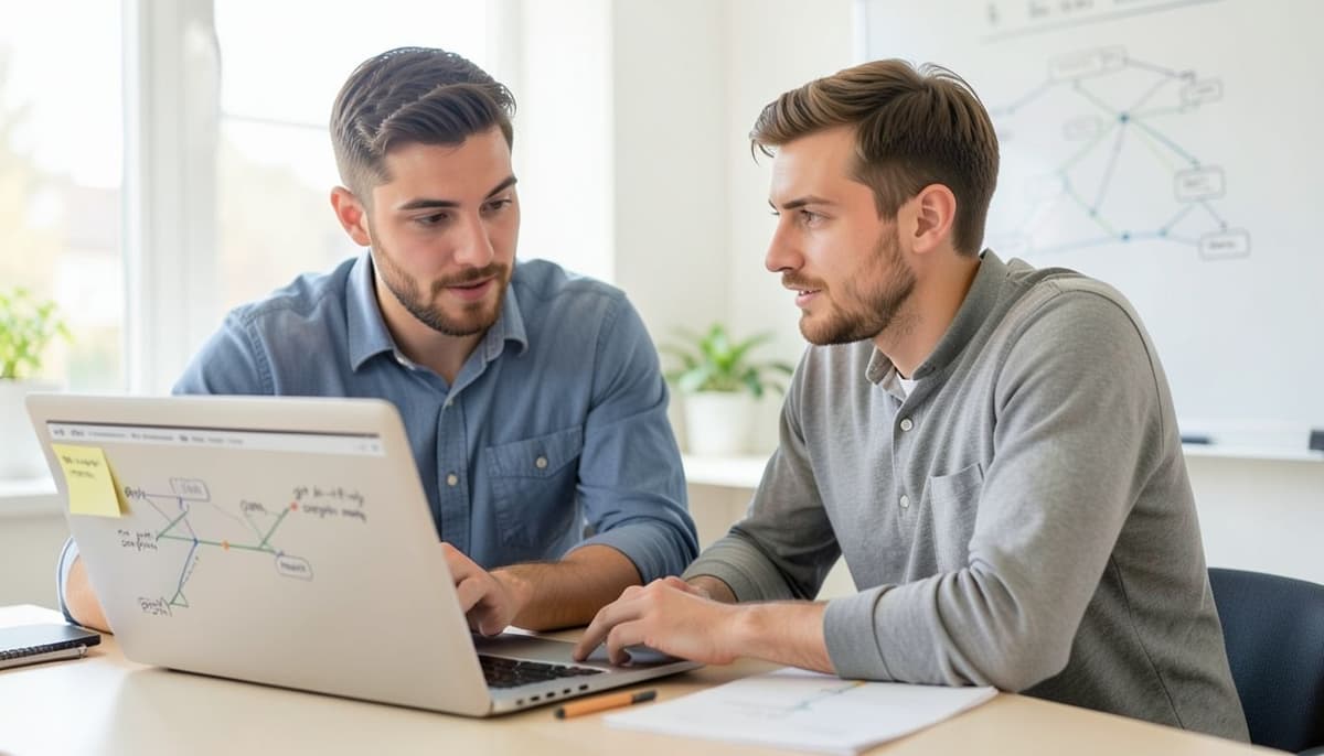 Hai developer so sánh các sơ đồ branch tương ứng trên laptop tại một bàn làm việc chung.