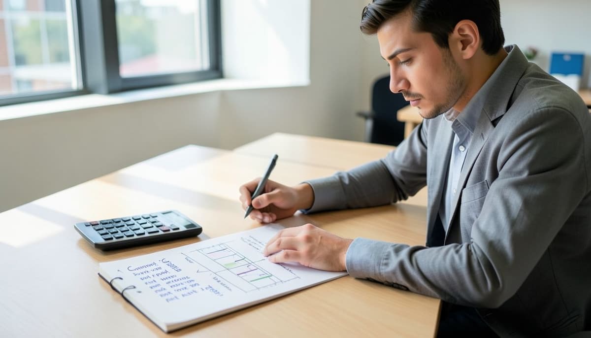Một bàn làm việc lập kế hoạch gọn gàng với mục tiêu chiến dịch, chỉ tiêu chuyển đổi và wireframe dashboard