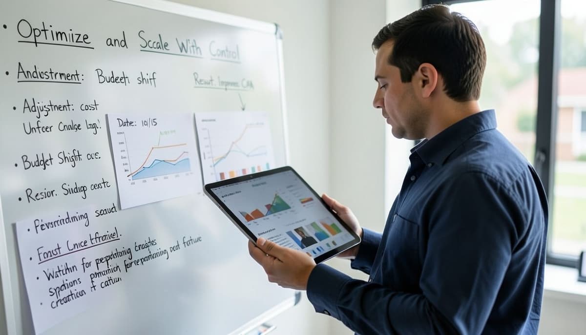 Một nhóm marketing nhỏ đang xem xét kế hoạch mở rộng với các biểu đồ chiến dịch, ghi chú ngân sách và hình thu nhỏ sáng tạo
