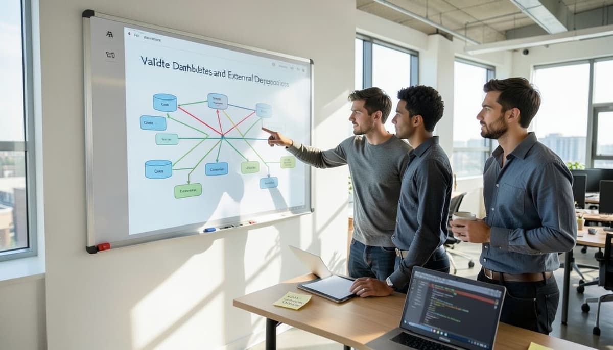 Sơ đồ phụ thuộc dịch vụ cho thấy một API được kết nối với cơ sở dữ liệu, cache, queue và nhà cung cấp bên ngoài, kèm theo các chỉ báo độ trễ