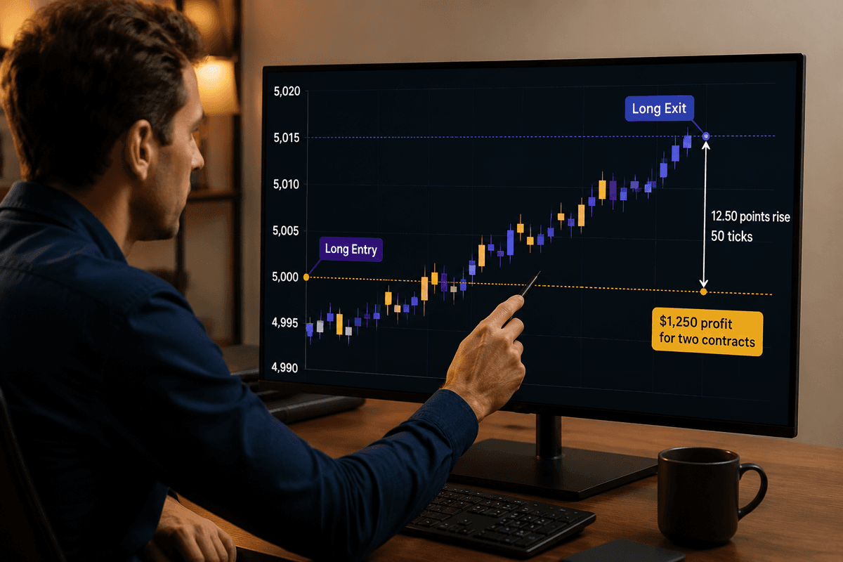 Biểu đồ giá nến Nhật (Candlestick) với trục đứng từ 4,990 đến 5,020 và trục ngang thể hiện thời gian, đánh dấu một lệnh mua vào ở 5,000, một lệnh đóng ở 5,012.50, mức tăng 12.50 điểm, 50 ticks, và lợi nhuận 1.250 USD với hai hợp đồng