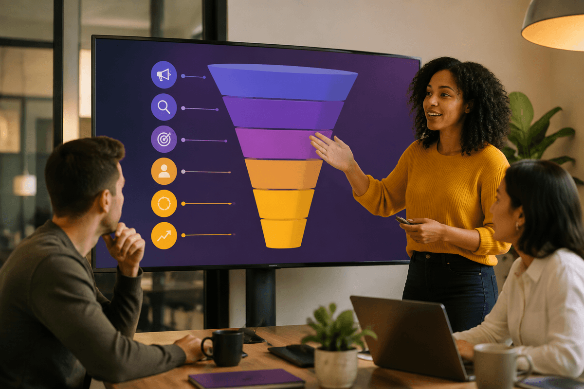 Sơ đồ phễu marketing thể hiện các cơ hội ứng dụng agent ở các giai đoạn nhận biết, cân nhắc, chuyển đổi, onboarding, duy trì và mở rộng, kèm theo các hành động ví dụ và chỉ số kinh doanh tại mỗi giai đoạn