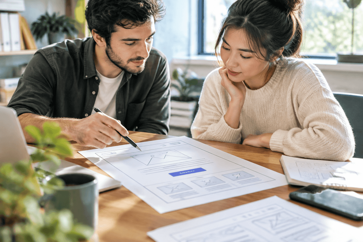 Một khung bố cục (wireframe) trên bàn làm việc cho thấy một trang đích với một nút hành động rõ ràng
