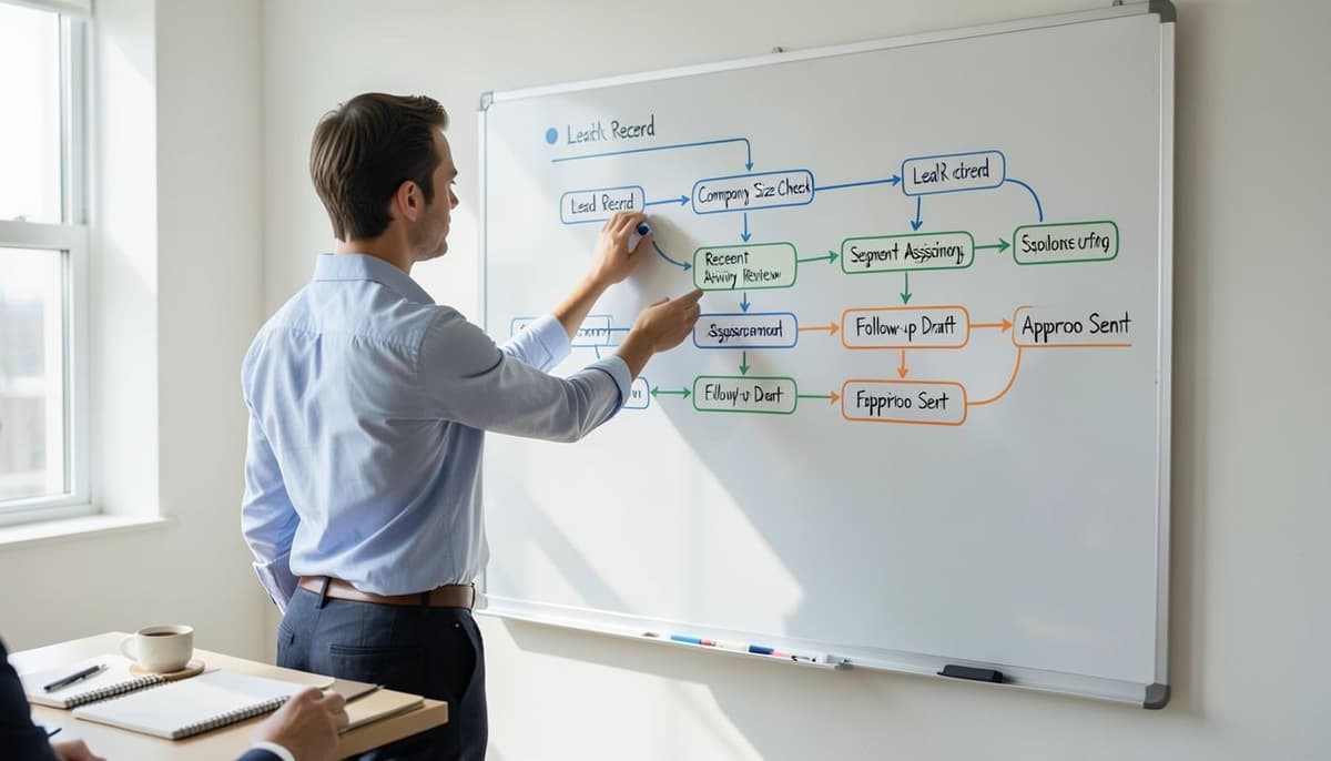 Một bảng trắng thể hiện quy trình marketing từ dữ liệu khách hàng tiềm năng đến hành động chiến dịch đã được phê duyệt