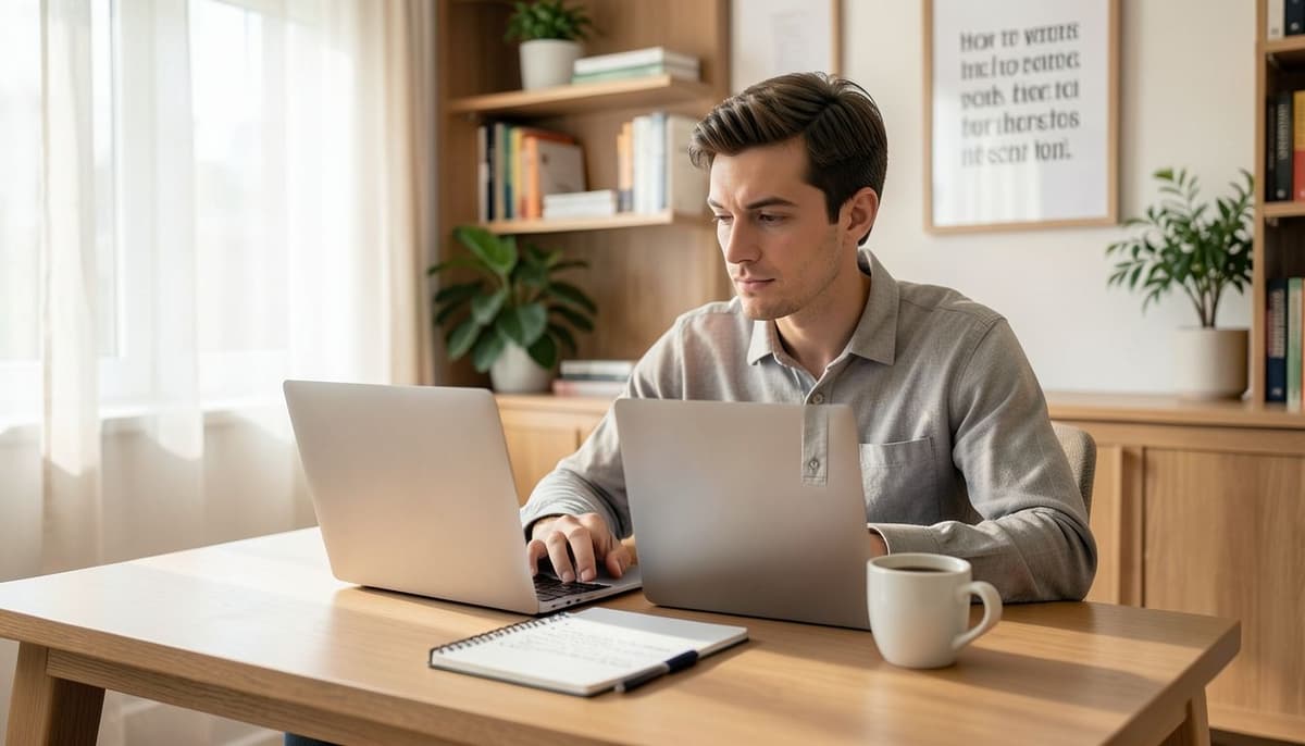 Một chiếc laptop hiển thị content brief có cấu trúc, với các trường riêng cho đối tượng, giọng điệu, nguồn và các ràng buộc