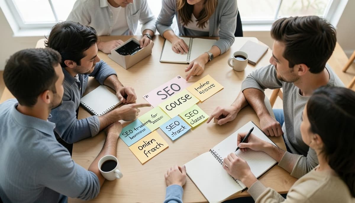 Một chiếc bàn làm việc gọn gàng với các ghi chú dán được nhóm lại, đại diện cho một chủ đề chính và một số từ khóa SEO liên quan