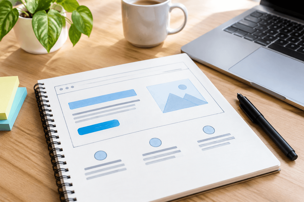 Khung bố cục trang web sạch với tiêu đề lớn, văn bản hỗ trợ và nút hành động nổi bật