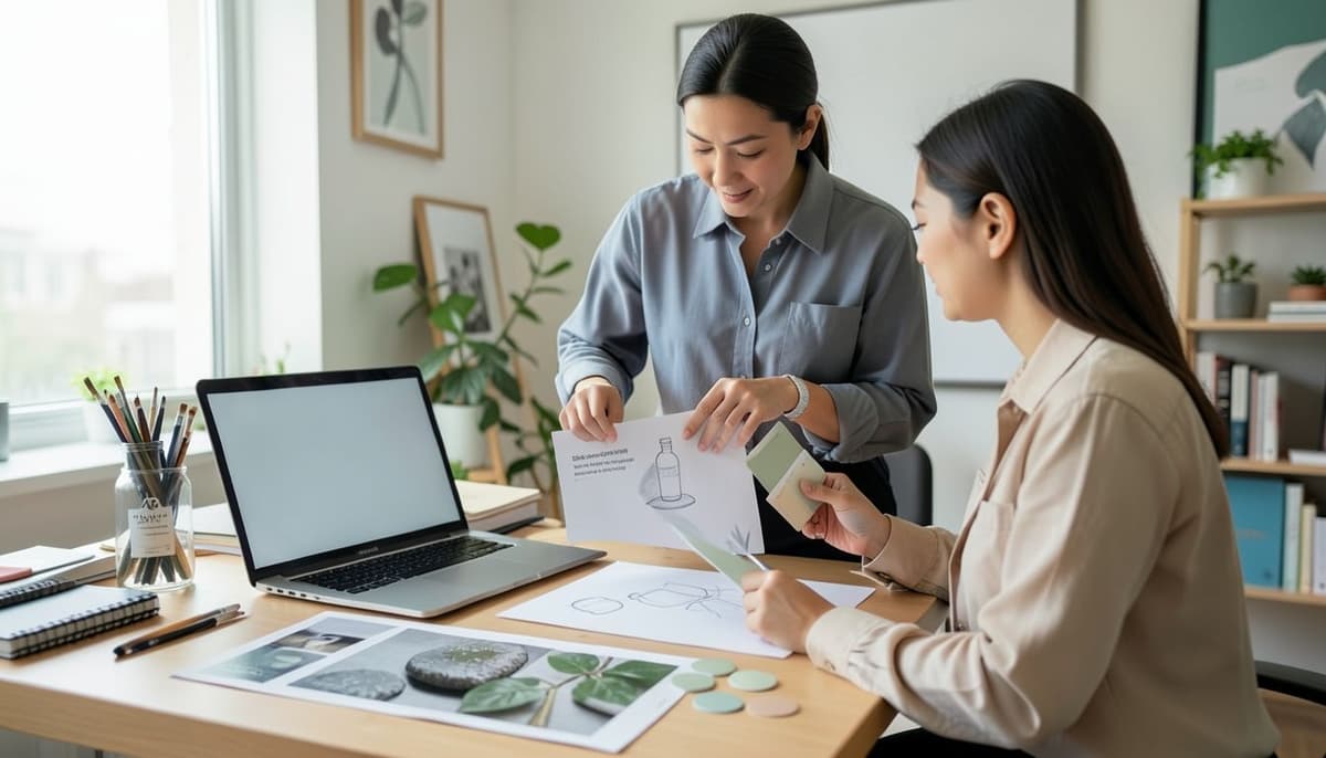 Một bàn làm việc với bản tóm tắt sản phẩm in ra, bảng màu, ảnh tham khảo và một bản phác thảo bố cục trống