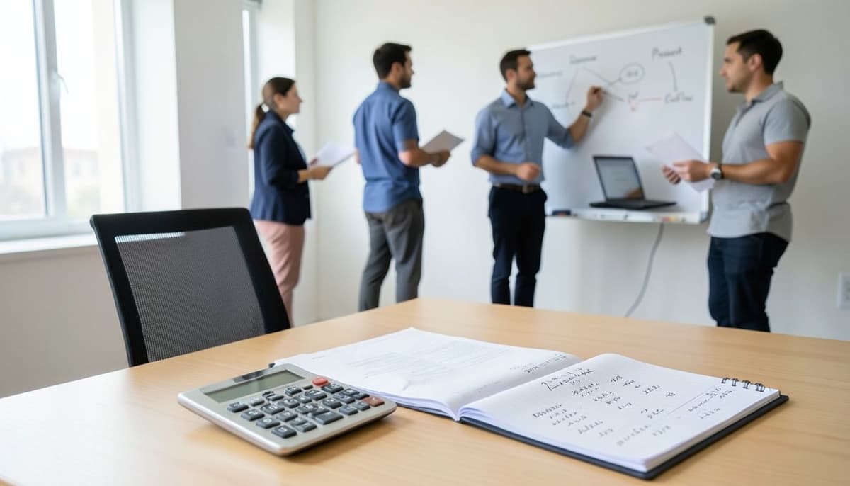 Một báo cáo tài chính đang mở đặt cạnh máy tính và bảng tính trên một chiếc bàn gọn gàng