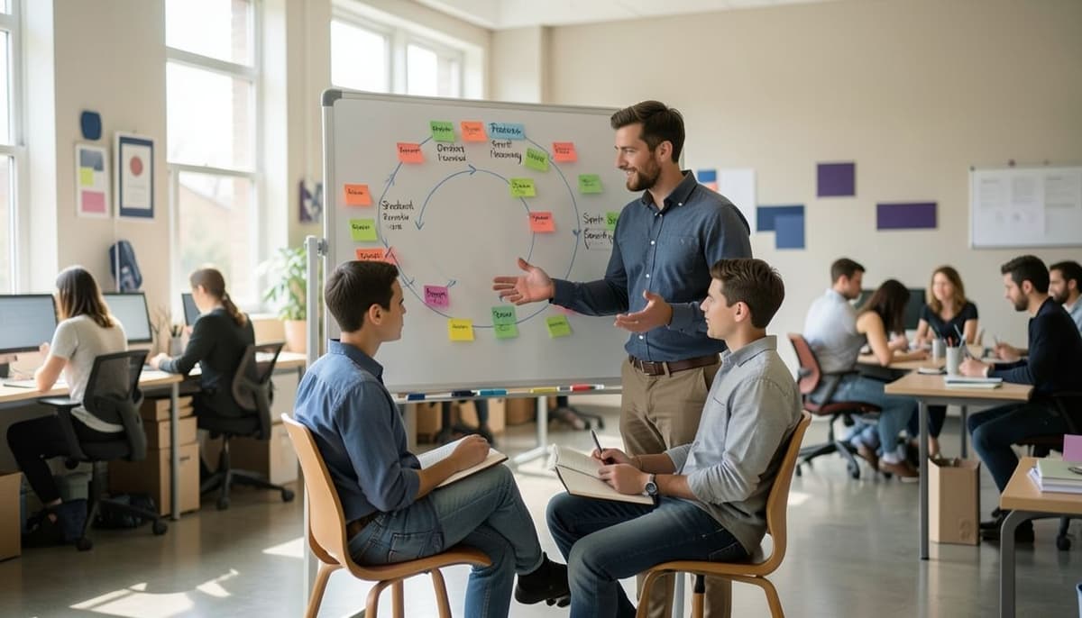 Sơ đồ vòng lặp học hỏi của Scrum, thể hiện Product Backlog, Sprint Planning, quá trình thực hiện Sprint cùng Daily Scrum, Increment có thể sử dụng, Sprint Review, Sprint Retrospective và quá trình thích nghi được đưa vào Sprint tiếp theo