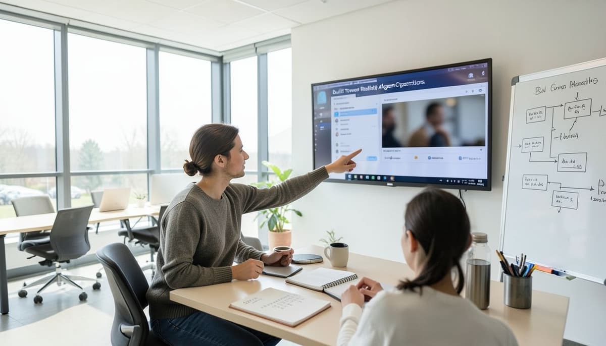 Một đội ngũ marketing tập trung quanh một màn hình giám sát hiển thị các nhiệm vụ của tác nhân, phê duyệt và kết quả chiến dịch