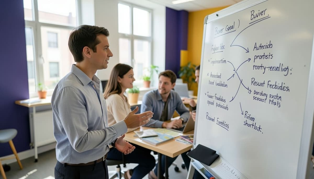 Hiển thị một chu trình liên kết mục tiêu của người mua, diễn giải của agent, các công cụ tìm kiếm bất động sản được ủy quyền, đánh giá kết quả, phản hồi của người mua, và danh sách ngắn được tinh chỉnh, với một điểm kiểm tra phê duyệt trước các hành động bên ngoài