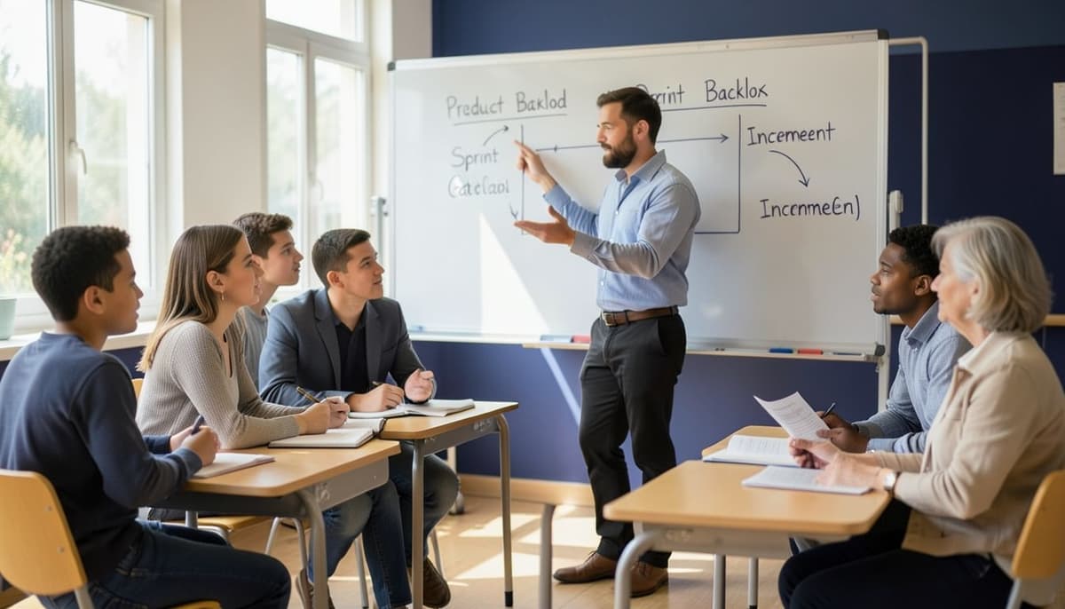 Sơ đồ quan hệ gồm ba cột, kết nối Product Backlog với Product Goal, Sprint Backlog với Sprint Goal, và Increment với Definition of Done; các mũi tên thể hiện quá trình hoàn thiện, lựa chọn và tích hợp