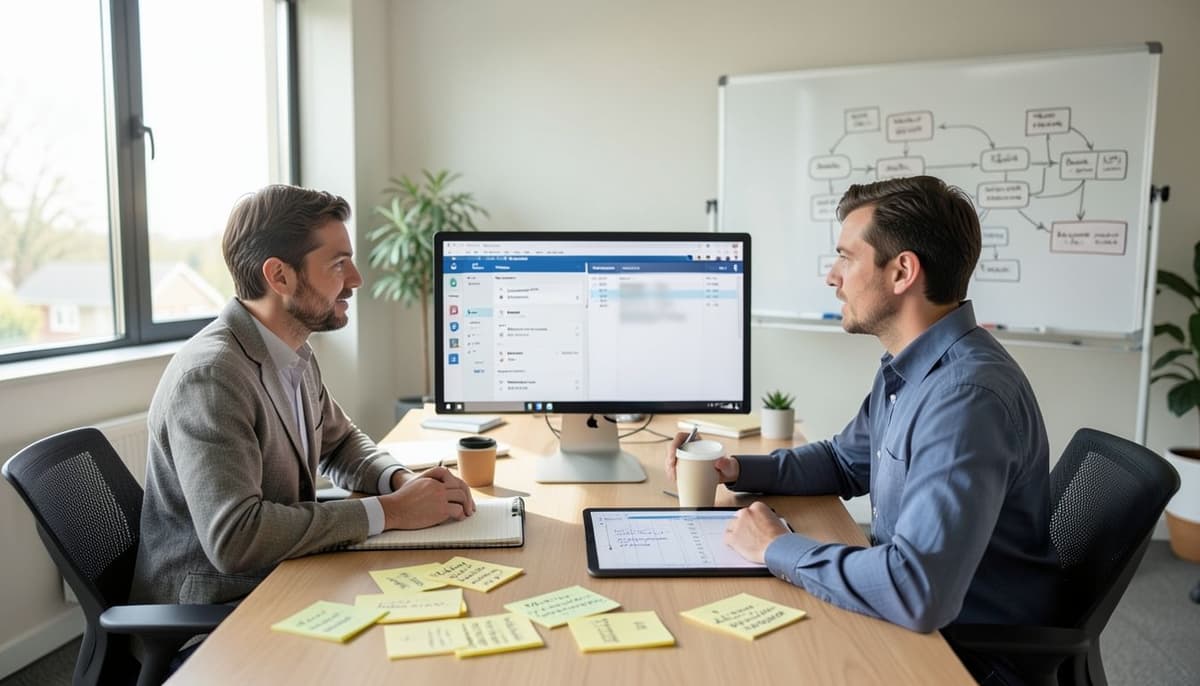 Hai chuyên gia vận hành marketing đang xem xét các trường hợp thử nghiệm và đầu ra của tác nhân trên một bảng điều khiển chung