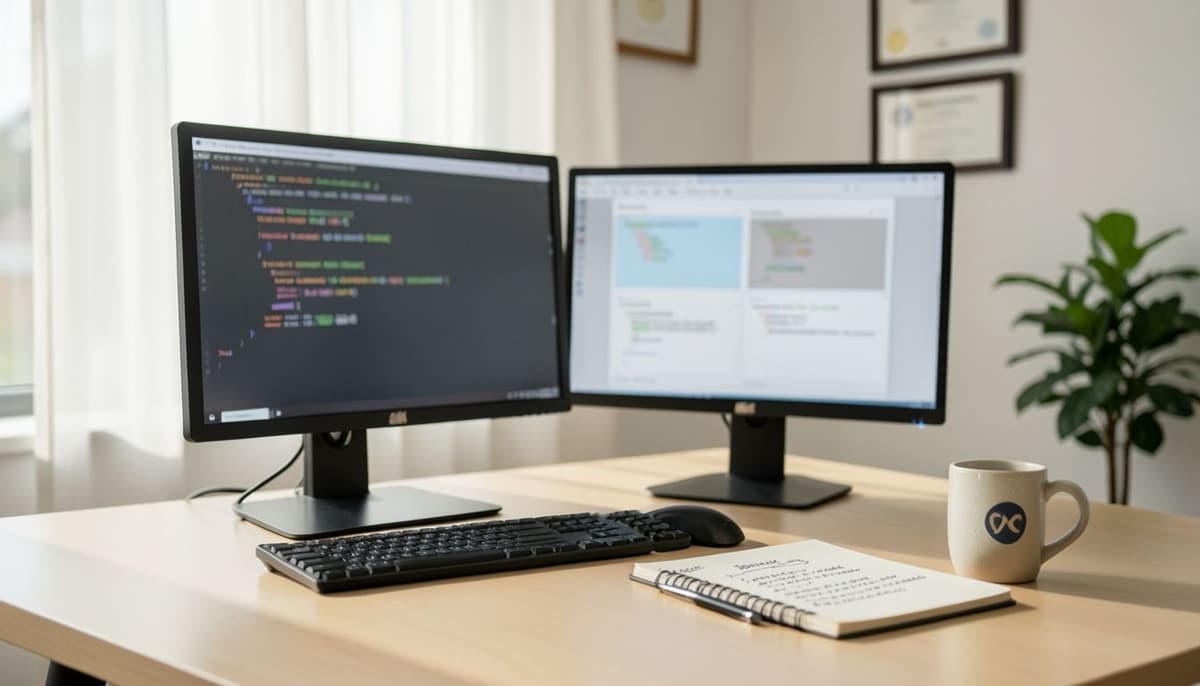 Một lập trình viên đang xem xét stack trace của Node.js và so sánh một bản triển khai gần đây trên hai màn hình